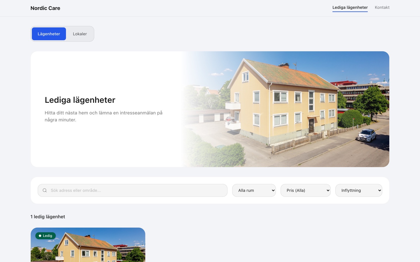 Tjänsten Lediga lägenheter för Nordic Care