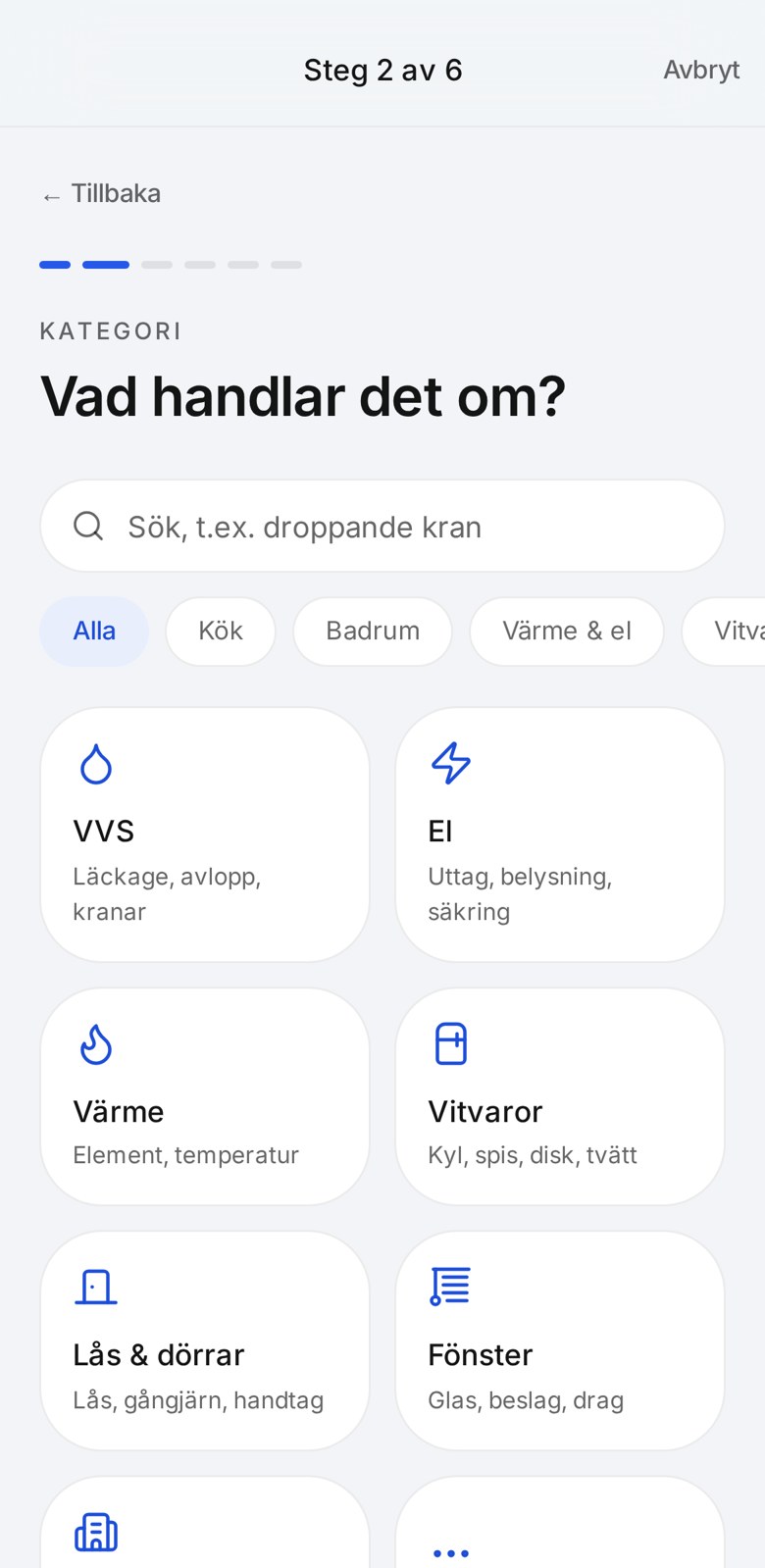 Kategorival i felanmälan med VVS, el, värme och vitvaror
