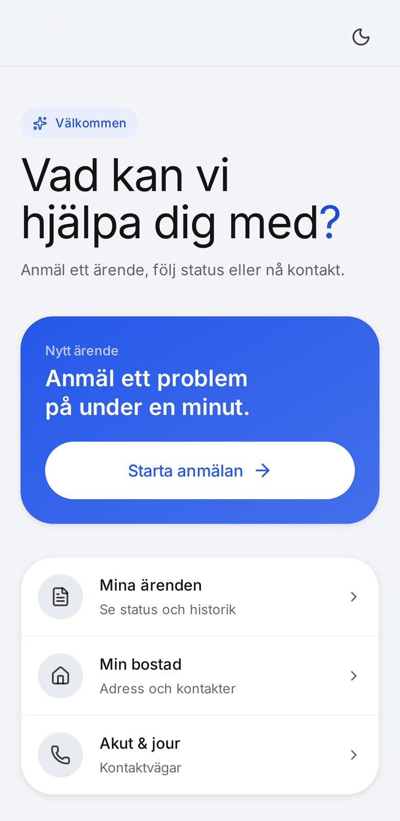 Boendeportalen i C/S One med val för att anmäla ärende, följa status och nå kontakt